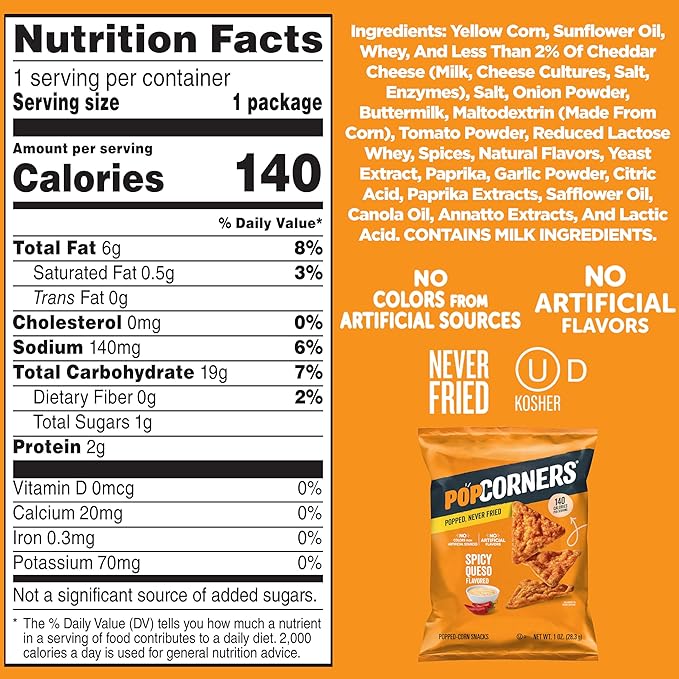 PopCorners Popped Corn Snacks, Spicy Queso, 1 Ounce Bags (Contains 20 Packets) Packaging May Vary