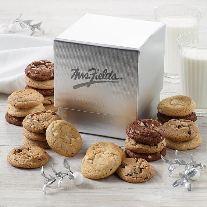 Mrs. Fields Silver Mini Cookie Box - Assorted with 24 Nibblers Bite-Sized Cookies in 4 Signature Cookie Flavors