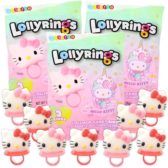 Hello Kitty Lollipop Rings, Strawberry and Fruit Punch Flavored Suckers, Themed Party Favors, 3 Count Bag, 1.27 Ounces (3 Pack)
