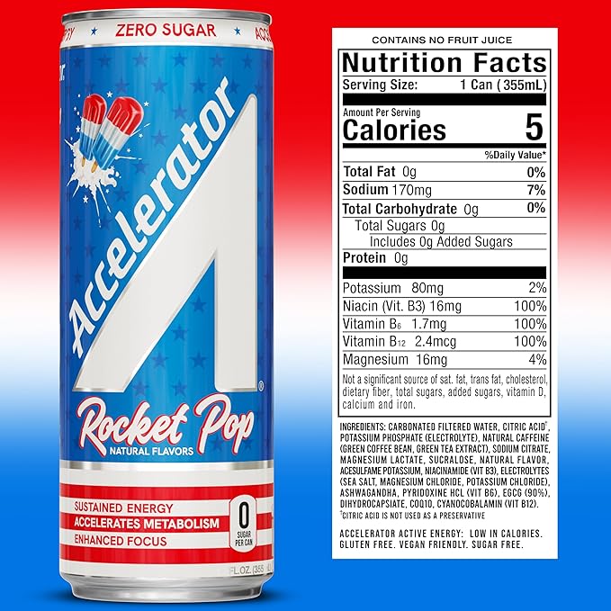 Accelerator Energy Drink, Rocket Pop 12oz can (12 pack), Zero Sugar, Sustained Energy from 100% Natural Caffeine (200mg from Green Coffee Bean & Green Tea extract)