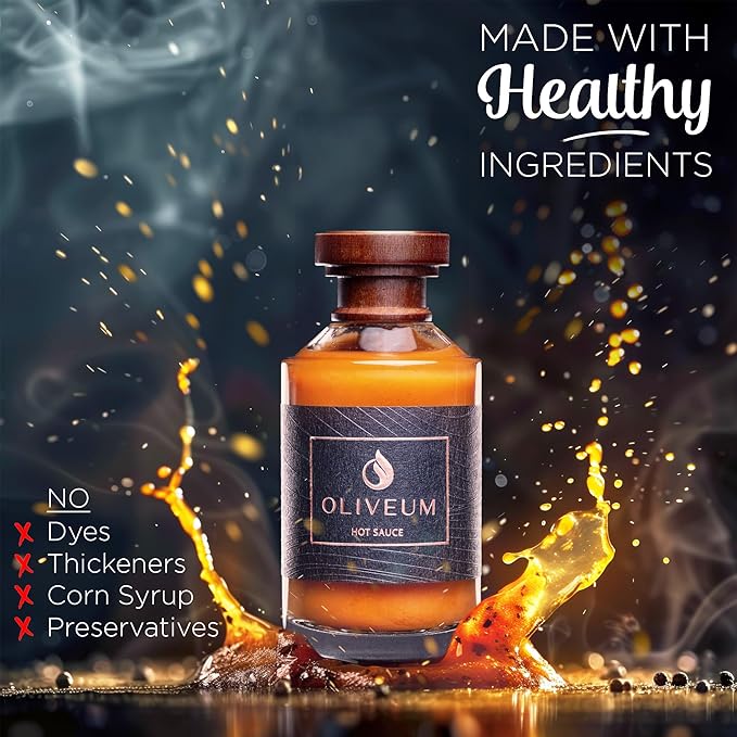 Oliveum Hot Sauce - Gourmet Medium Spice Organic Habanero Peppers. Unique Spicy Salsa Flavor For BBQ, Mexican, Asian, Steak, Chili, Tacos, Buffalo, Wings, Pizza. Experience Fancy Luxury Craft Hand Made Small Batch Best and Hottest Gift Idea For Men in ...
