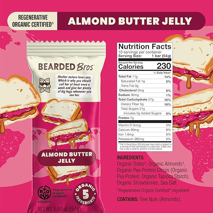 Bearded Brothers, Organic Vegan Protein Energy Bars, Almond Butter Jelly (10 Pack) - Gluten Free, Paleo, Fiber, Whole 30, Non GMO Low Glycemic Snacks