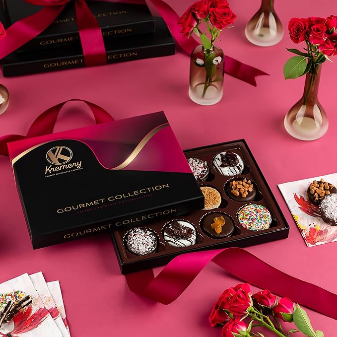 KREMERY Creamy Chocolate Cravings - Valentines Day Chocolate Covered Sandwich Cookies & Cream Gift Basket, in Elegant Gift Box (12 Cookies, Assorted Sweet Toppings) Sweet Treats, Kosher