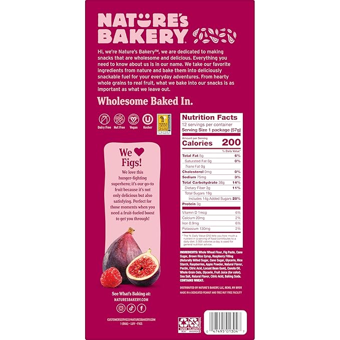 Nature’s Bakery Whole Wheat Fig Bars, Raspberry, Real Fruit, Vegan, Non-GMO, Snack bar, 1 box with 12 twin packs (12 twin packs) (Pack of 2)
