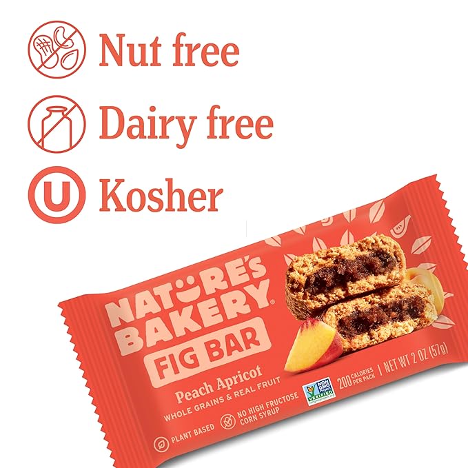 Nature’s Bakery Whole Wheat Fig Bars, Peach Apricot, Real Fruit, Vegan, Non-GMO, Snack bar, 1 box with 12 twin packs (12 twin packs)