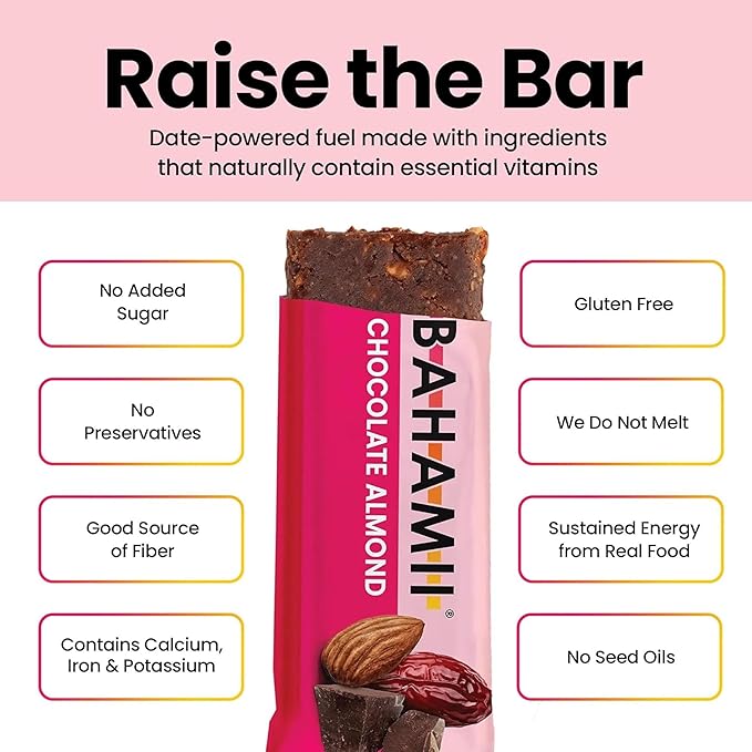 Bahamii Snack Bars, Made with Dates & Nuts, Healthy Snacks, Gluten Free, Good Source of Fiber, Only 6 Ingredients, For Kids & Adults, No Added Sugar, Vegan, 4 Pack, Chocolate Almond