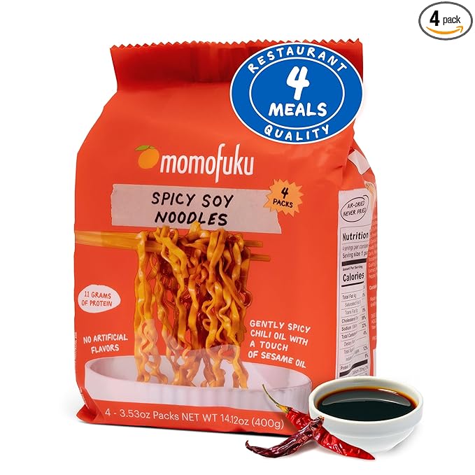Spicy Soy Noodles Ramen Noodles by David Chang, 4 Pack of Restaurant Quality Air-Dried Instant Noodles Now with More Sauce & 10g of Protein