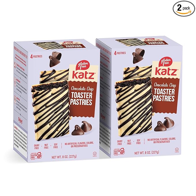 Katz Gluten Free Chocolate Chip Toaster Pastries. Breakfast Foods Snacks. Free of Dairy, Peanuts, Tree Nuts, and Sesame, No Artificial Color. Kosher. 8oz (2pk)