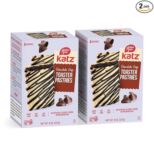 Katz Gluten Free Chocolate Chip Toaster Pastries. Breakfast Foods Snacks. Free of Dairy, Peanuts, Tree Nuts, and Sesame, No Artificial Color. Kosher. 8oz (2pk)