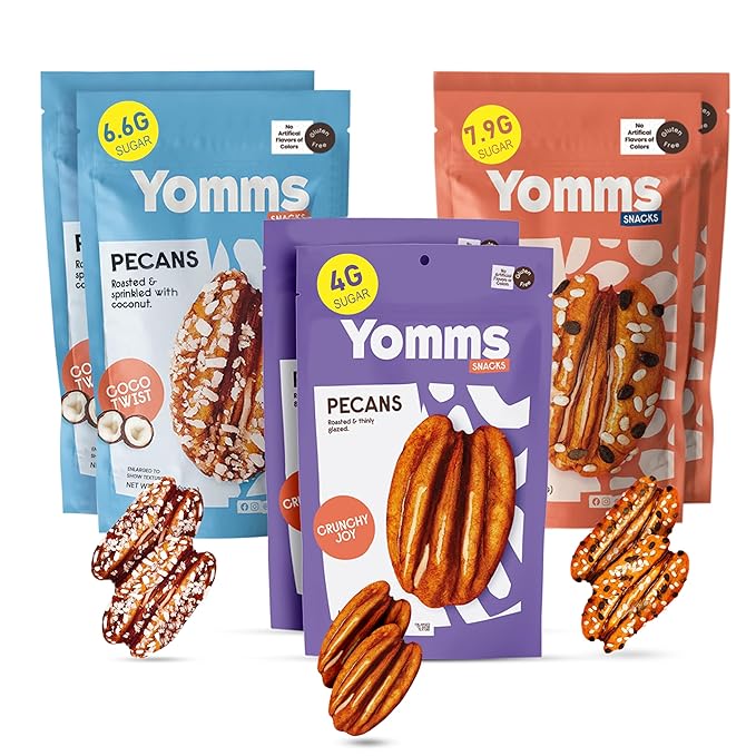 Yomms Gourmet Glazed Whole Pecan Halves Variety Pack, 21 oz (6 Pack), Gluten-Free & Non-GMO Healthy Dessert Snacks – Low Sugar Candied Nut Pouches – Coco Twist, Nutty Chia, Crunchy Joy – 3.5oz Bags