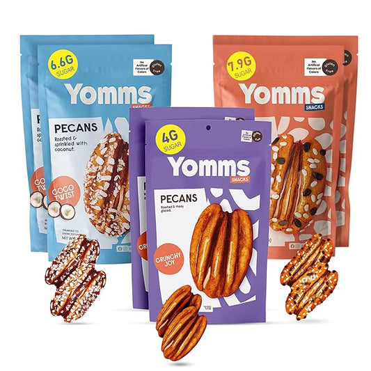 Yomms Gourmet Glazed Whole Pecan Halves Variety Pack, 21 oz (6 Pack), Gluten-Free & Non-GMO Healthy Dessert Snacks – Low Sugar Candied Nut Pouches – Coco Twist, Nutty Chia, Crunchy Joy – 3.5oz Bags