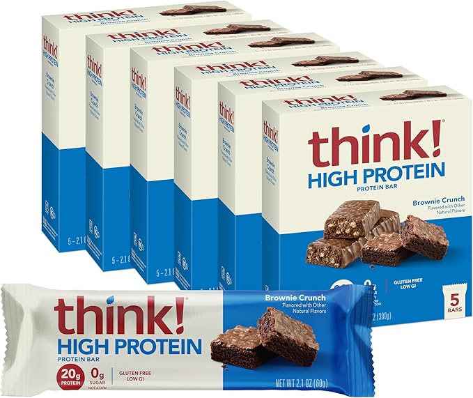 think! Protein Bars, High Protein Snacks, Gluten Free, Kosher Friendly, Brownie Crunch, Nutrition Bars, 2.1 Oz per Bar, 30 Count (Packaging May Vary)