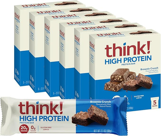 think! Protein Bars, High Protein Snacks, Gluten Free, Kosher Friendly, Brownie Crunch, Nutrition Bars, 2.1 Oz per Bar, 30 Count (Packaging May Vary)