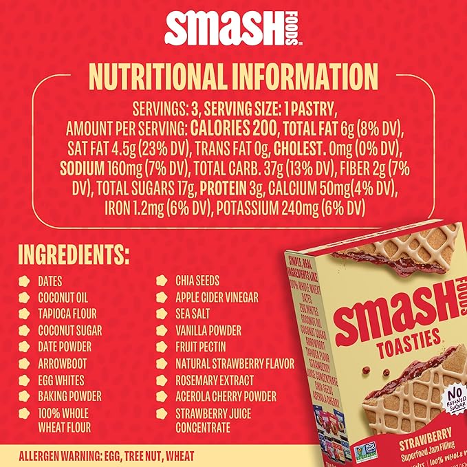 Smash Foods Toasties Variety 3 Pack – Healthy Whole Wheat Toaster Pastries Strawberry, Blueberry, Grape – No Refined Sugar, Real Fruit Filling – 9 Pastries Total – Non-GMO, Simple Real Ingredients (Strawberry)