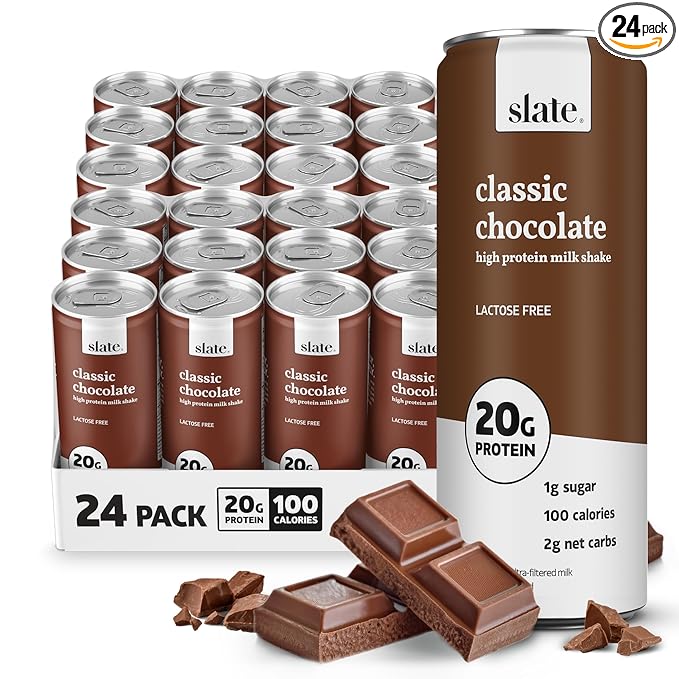 Slate Milk - High Protein Milk Shake - Classic Chocolate - Lactose Free, 20g Protein, 1g Sugar, 100 Calories, 2g Net Carbs, No Added Sugar - Natural, Breakfast Boost, Post Workout - 11 fl oz, 24 Cans