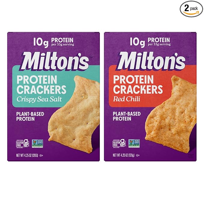 Milton's Protein Crackers Variety Bundle (Crispy Sea Salt & Red Chili) - 10g of Plant-Based Protein Per Serving, Certified Gluten Free, Non-GMO Project Verified, Vegetarian-Friendly, Zero Grams Added Sugar Per Serving, 4.25 Oz, Pack of 2