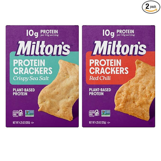 Milton's Protein Crackers Variety Bundle (Crispy Sea Salt & Red Chili) - 10g of Plant-Based Protein Per Serving, Certified Gluten Free, Non-GMO Project Verified, Vegetarian-Friendly, Zero Grams Added Sugar Per Serving, 4.25 Oz, Pack of 2