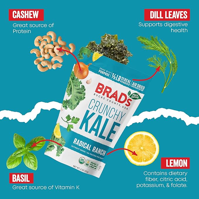 Brad’s Plant-Based - Organic Crunchy Kale Chips - Healthy Snack with Sea Salt - High in Plant-Based Protein & Fiber - Low Carb, Organic Veggie Chips - Radical Ranch - 2 Oz (Pack of 3)