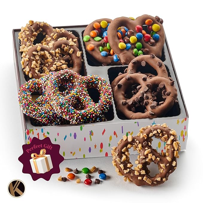 KREMERY Creamy Chocolate Cravings - Valentines Day Chocolate Covered Pretzel Twists & Grahams Cookies Gift Basket, in Confetti Gift Box (12 Count, Assorted Sweet Toppings) Sweet Treats, Kosher