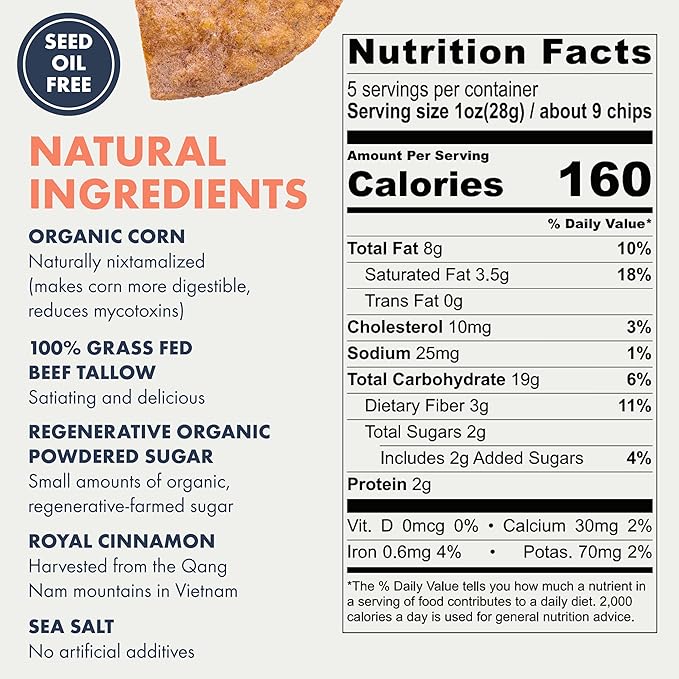 MASA Tortilla Chips Snack Pack - Seed Oil Free Snacks, Organic Chips Tortilla - Gluten & Dairy Free, Naturally Grown Corn Chip - Made with Grass Fed Tallow & Sea Salt (2 Pack, 5oz Each - Churro)