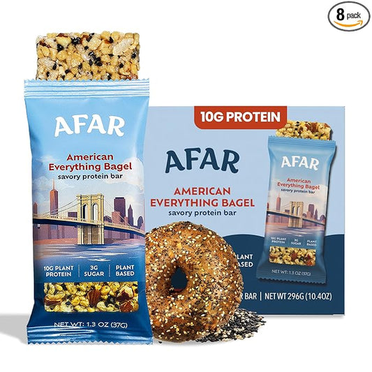 Afar Savory Protein Bars – Low Sugar, High Protein – Healthy Snacks for Adults – Meal Replacement Bar – Rice Crispy Texture – Vegan, Gluten Free (8 Bars, American Everything Bagel)