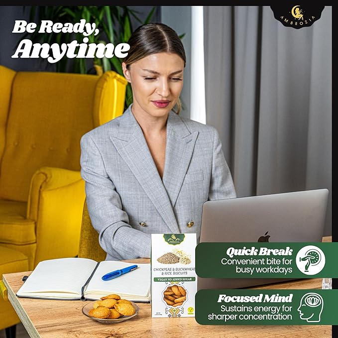 Ambrozia Vegan Snack Biscuits – Chickpeas, Buckwheat &Rice - Soft Baked, No Added Sugar, Clean Label, High Fiber & Wholesome Ingredients, Kid-Friendly, Healthy Snacks for Active Lifestyles, 4 x 4.58Oz