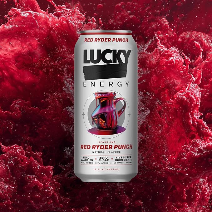 Lucky Energy Sugar Free Energy Drinks, Red Ryder Punch, 16oz Cans (12-Pack) Healthy, Zero Sugar Energy Drink with Maca, Ginseng, Beta-Alanine, Taurine & 200mg Caffeine