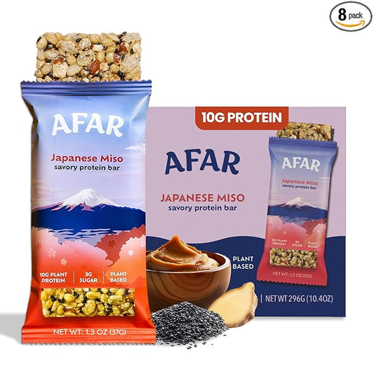 Afar Savory Protein Bars – Low Sugar, High Protein – Healthy Snacks for Adults – Meal Replacement Bar – Rice Crispy Texture – Vegan, Gluten Free (8 Bars, Japanese Miso)