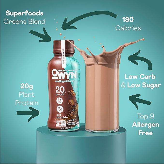 OWYN Only What You Need Vegan Protein Shake, 20g Plant Based Protein from Organic Pumpkin seed, Organic Flax oil, Pea, Prebiotics, Gluten and Soy Free (Dark Chocolate, 24 Pack)