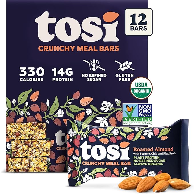Tosi Meal Nut Bars, Almond, Healthy Snacks for Adults & Kids, Crunchy Plant Based Protein Bar (14G), Keto Snacks, Vegan, Gluten & Soy Free, Low Sugar, Omega 3s, 2.4oz, 12-Pack