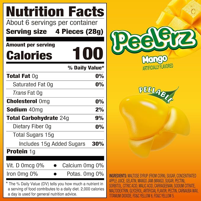 AMOS Peelerz Mango Peelable Gummy Candy, 6oz (170g) – Peelable Gummy Made with Real Fruit Juice, Resealable Bag, Fun Peeling Candy Snack for Kids and Adults