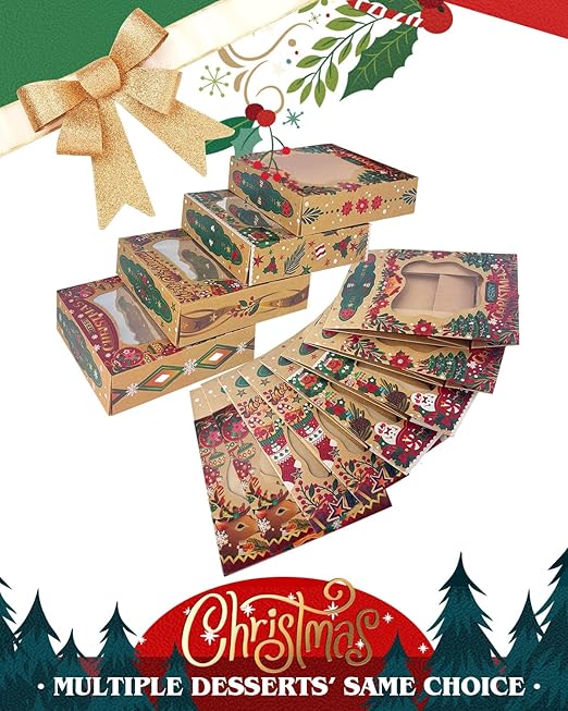 qiqee Christmas Kraft Cookie Boxes with Window 12packs 8x8x2.5 Inch Bakery Box Pastry Box for Christmas