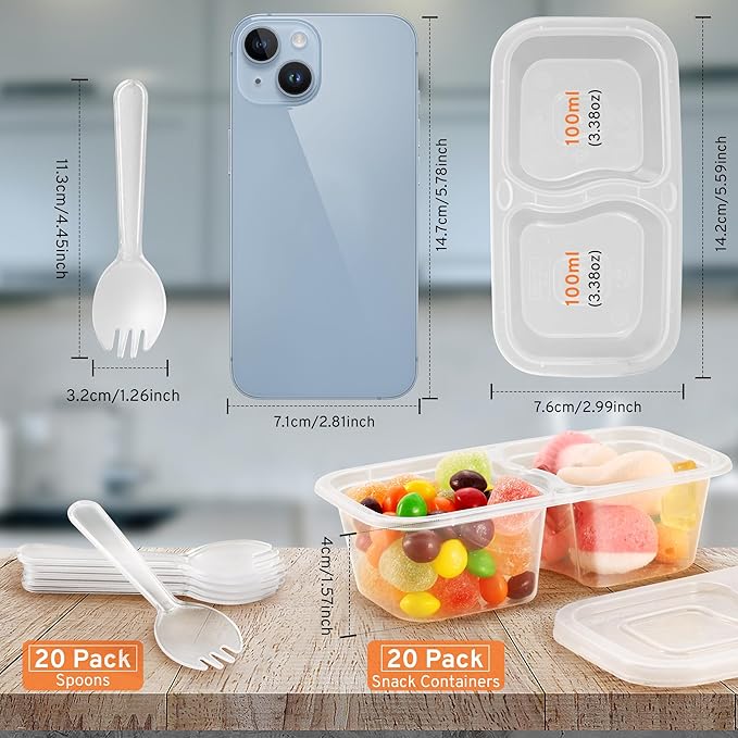 20 Set Snack Containers with Lids & Spoons, Reusable Double Compartment Condiment Containers for Lunches Picnics Parties, BPA-Free, Microwave Safe, Transparent