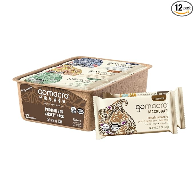 GoMacro MacroBar Organic Vegan Protein Bars - Protein Variety Pack (2.3-2.4 Ounce Bars, 12 Count)