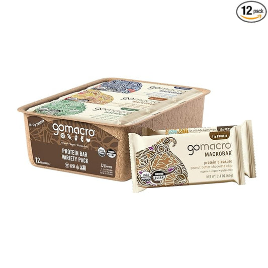 GoMacro MacroBar Organic Vegan Protein Bars - Protein Variety Pack (2.3-2.4 Ounce Bars, 12 Count)
