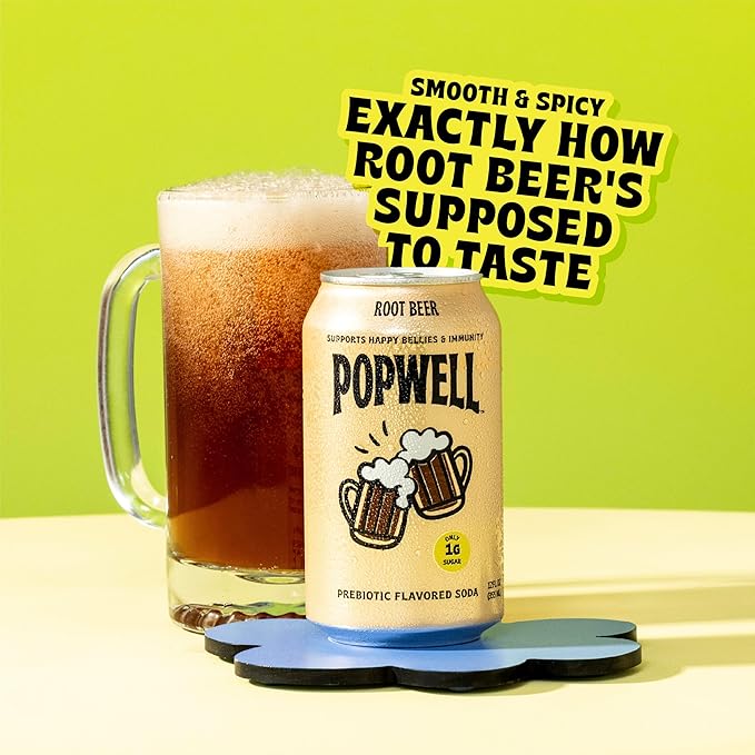 Popwell Root Beer Better-For-You Prebiotic Soda, with 6g Fiber, 1g Sugar, Vitamins and Immunity Support, 12 fl oz Cans (pack of 12)