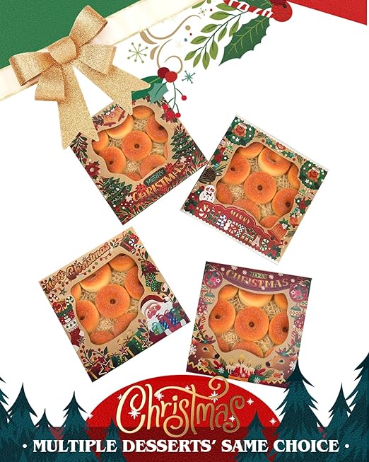 qiqee Christmas Kraft Cookie Boxes with Window 12packs 8x8x2.5 Inch Bakery Box Pastry Box for Christmas