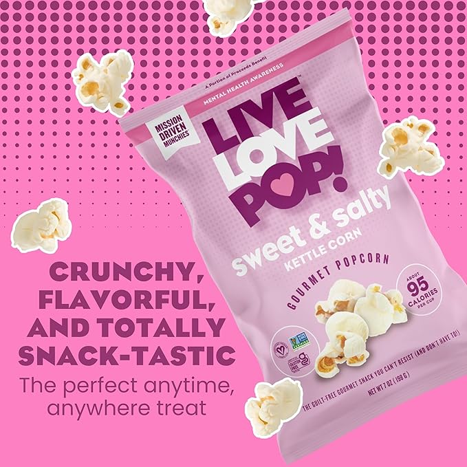 Live Love Pop Sweet and Salty Kettle Corn Flavored Gourmet Popcorn, 7 Oz (Pack of 6), Healthy Snack, Gluten Free, Vegan & Non-GMO, Mission Driven Munchies