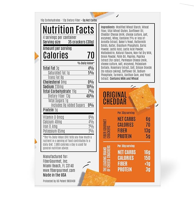 Fiber Gourmet Thinables Baked Cheese Crackers Healthy Low Net Carb Keto - Real Cheddar, High Fiber, 70 Calories, 6g Net Carbs, 13g Fiber, 5g Protein, Kosher - 4.25 Ounce (pack of 6)