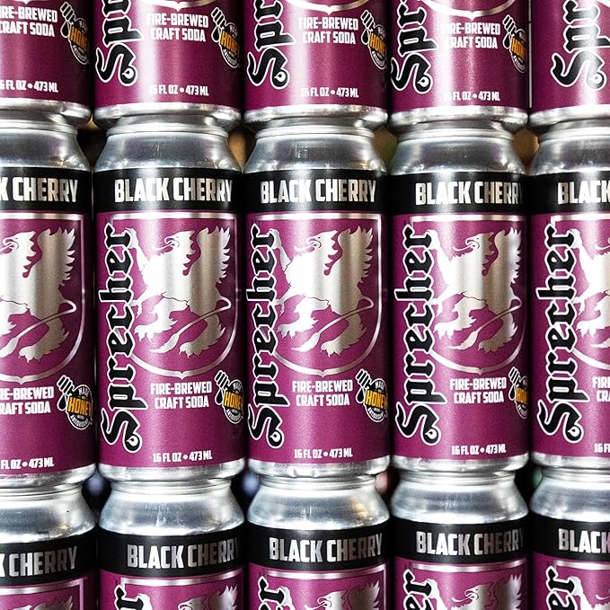 Sprecher Black Cherry Soda 16 fl oz Cans (12 Pack), Fire-Brewed with Real Honey & Door County Cherry Juice – Handcrafted, Caffeine-Free, Gourmet Beverage