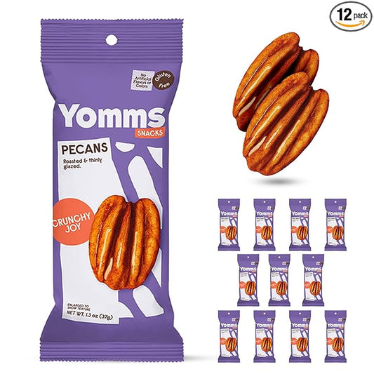 Yomms Crunchy Joy Glazed Whole Pecan Halves, 15.6 oz (12 Pack), Gluten-Free & Non-GMO Healthy Dessert Snacks – Low Sugar Classic Candied Nut Pouches – Gourmet Roasted Snacking Pecans – 1.3oz Individual Bags