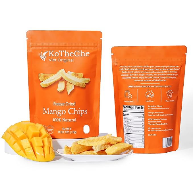 KOTHECHE Freeze Dried Mango (Pack of 4). No Sugar Added, Healthy Snack - Sweet but Low Calorie Fruit Chips - Gluten Free, Vegan Snack - Dehydrated Crispy Mango in Resealable Bag, Low Carb & Natural Superfood for Kids and Adults