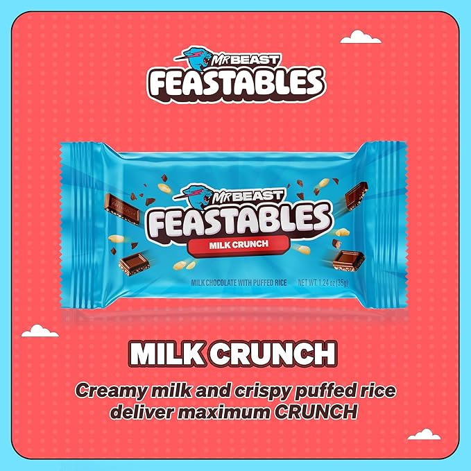 Feastables MrBeast Milk Chocolate Crunch Chocolate Bar, Full Size Bar for Adults & Kids, Candy Bars, Snacks, Gifts, & Dessert, Fairtrade Cocoa, 1.24 Oz Each, 24 Count