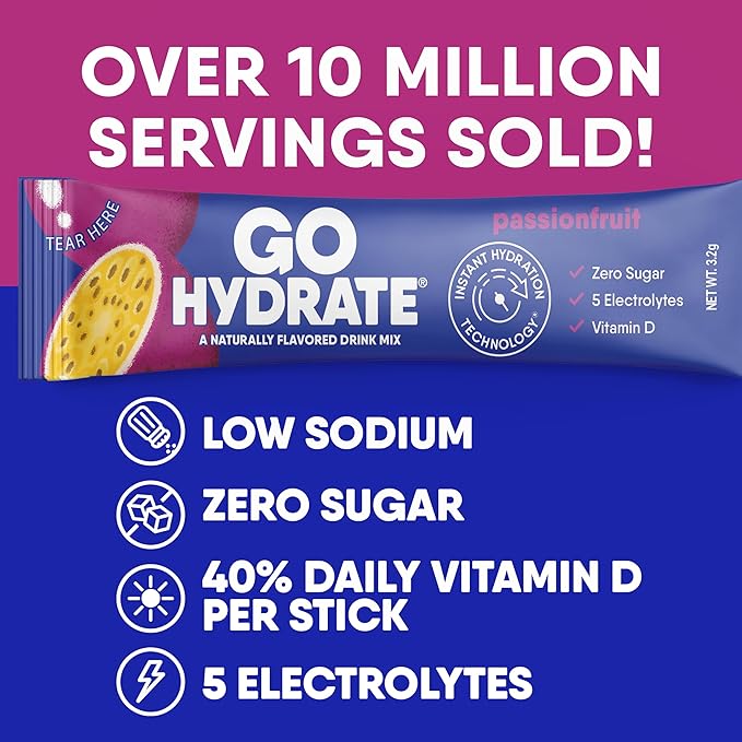 GoHydrate Low Sodium Electrolytes Powder Packets Sugar Free - Instant Hydration Daily Drink Mix - Zero Sugar Water Flavor Packet Singles with Vitamin D - (Passion Fruit, 30 Packs)