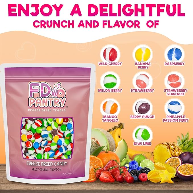Fruit Crunch Tropical Freeze-Dried Candy, 10 oz, Exotic Fruit Flavors, Large Pouch, Ideal Gift Snack Treat