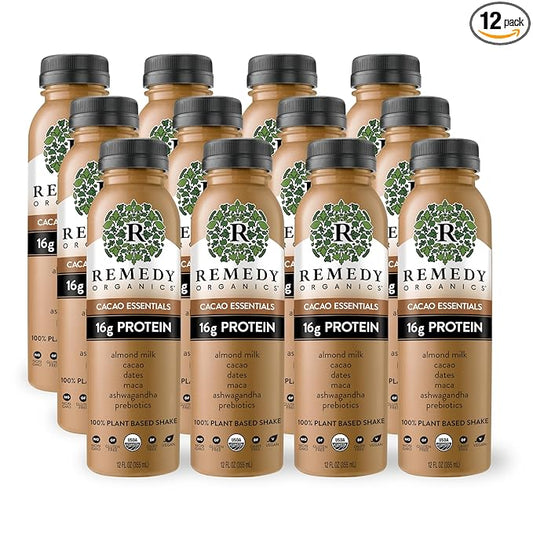 Remedy Organics Cacao Essentials 12-Pack | Plant Based 16g Protein Shakes, Ready to Drink | USDA Organic, Gluten Free, Dairy Free, Soy Free
