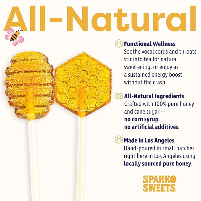Sparko Sweets Natural Honeycomb Lollipops, Made in USA, No Artificial Ingredients, No Corn Syrup, 16 Pieces, 1.3-inch Diameter, 1.5 lbs, Gold – Ideal for Tea Stirrers, Sore Throat Remedy, and Gifts