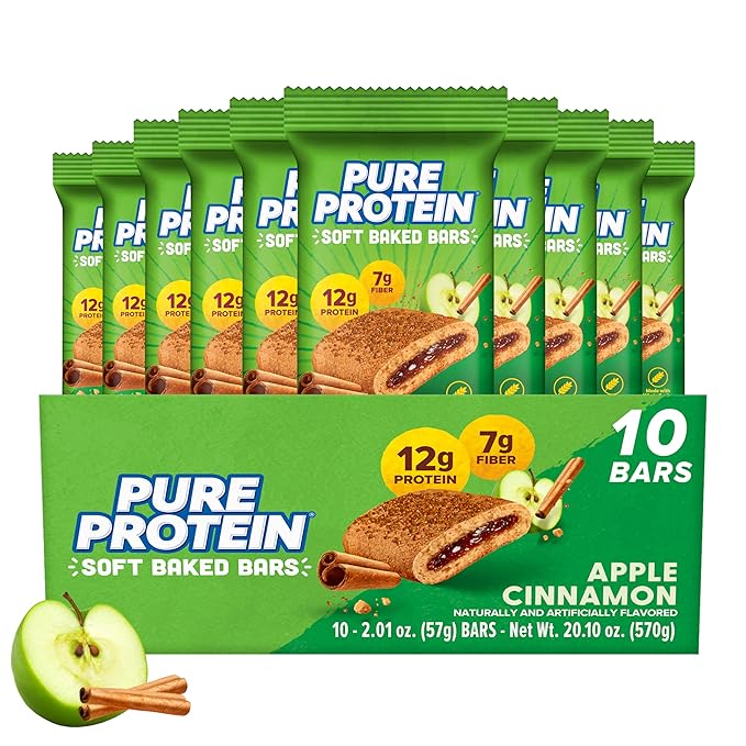 Pure Protein Apple Cinnamon Soft Baked Protein Bars – 12g Protein, 7g Fiber, Whole Grain Breakfast Bars, High Fiber, Individually Wrapped Protein Snacks for On-the-Go – 10 Count