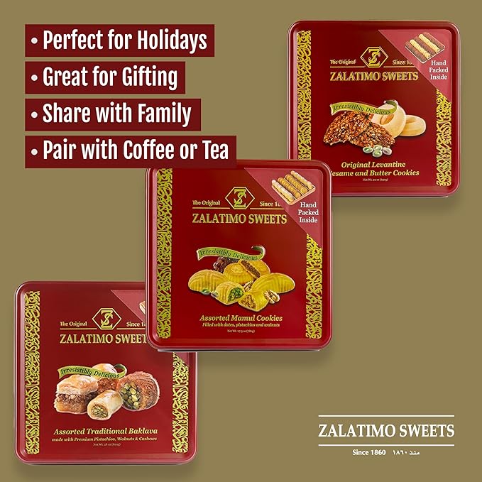 Zalatimo Sweets Since 1860 Middle Eastern Assorted Baklava 1.8lb - Handmade Mediterranean Sweets square Metal Gift Tin - No Syrup,or Additives - Ramadan, Christmas, Birthdays, Weddings, Holidays