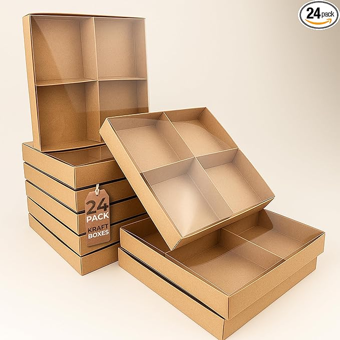 Diakarma Gift Boxes with Clear Cover, Bakery Treat Boxes for Small Cakes, Cookies, Desserts, Donuts, Pastries, Gifts, and Party Favors – Durable & Elegant (24 Pieces Brown Kraft, 8"x8"x1.2")